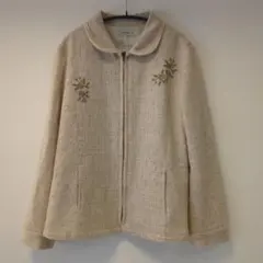 刺繍入りアイボリー　ベージュ　丸襟　花柄ジャケット 昭和レトロ