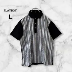 プレイボーイ【L】半袖ポロシャツ ストライプ ポケット 夏トップス ゆったり
