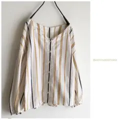 ◎バンヤードストーム【洗える】配色 ストライプ 袖ボリューム ブラウス￼