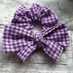 大きめリボン付きシュシュ 紫チェック ハンドメイド
