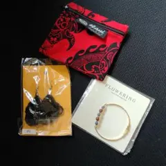 赤いポーチとFLOWERINGブレスレット・ビーズピアスセット　3点セット