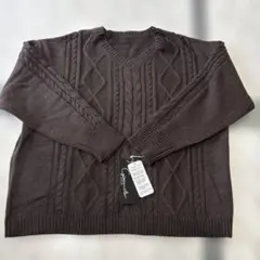 新品 タグ付き/ケーブル編みニット/Ｖネック/ブラウン/LL