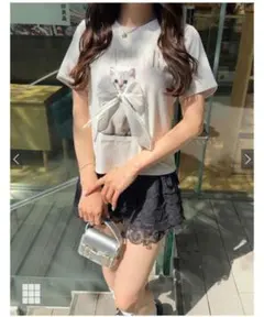 ★GRL キャットプリントリボンロゴ刺繍Tシャツ ホワイト
