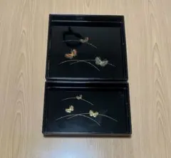 漆器の盆セット 蝶の装飾付き　大小セット！