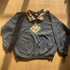 古着ビッグロゴ刺繍スウェットトレーナーハーフジップ秋オータム光沢刺繍ブラック