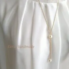 パール2粒チェーンY字ミドルロングネックレス　オケージョンにも