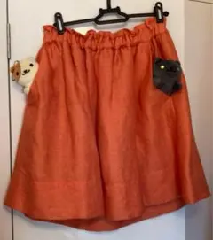 古着　朱色　オレンジ　橙　ポケット付き　リネン　膝丈　フレアスカート