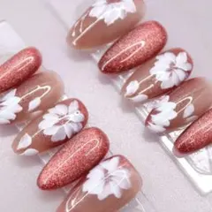 【59】ネイルチップSサイズ ピンクベージュ　赤マグネット 白フラワー手描き花柄
