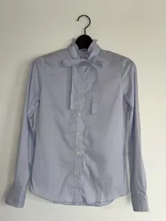 ブルー ボウタイ長袖シャツ フリル襟［入学式,オフィスカジュアル］