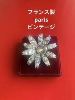 フランス製パリアンティーク店ビンテージ　花形シルバーブローチ・クリスタル装飾新品