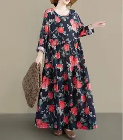 大きいサイズ 新品 春夏 ワンピース 花柄 レッド Aライン マキシ ロングg7