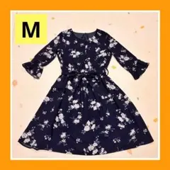 ネイビー ワンピース 膝丈 綺麗め 花柄 清楚 裏地付き リボン 可愛い