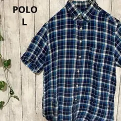 POLO ポロ 【L】半袖 ボタンダウン チェック カジュアル シャツ 青系