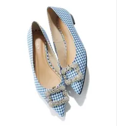 美品☆OHGA ビジュー付チェックパンプス　ブルー