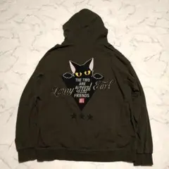 LIN 猫刺繍 フードパーカー スウェットジャケット カーキ M