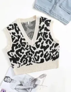 SHEIN ニットベスト ヒョウ柄 アイボリー 白