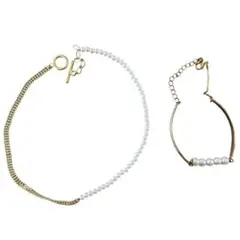 【2点セット】アシンメトリー　ネックレス＆ブレスレット　パール調　金メッキ