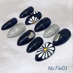 No.Fw01 ネイルチップ　フルオーダー　マーガレット　ネイビー　花