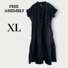 シャツワンピース ロング XL 春 秋 ブラック 黒 袖フリル付き