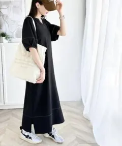 クラシカルエルフ 2WAY 配色ステッチランタンスリーブワンピース ブラック L