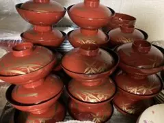 蓋つき煮物椀 汁物椀20個セット 朱塗り 竹柄 和食器　お祝い事