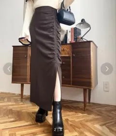 ハイウエスト　サイドギャザー タイトスカート ロング丈 ブラウンのサムネイル