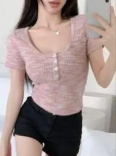 ハーフボタン 編み込み サマーニット Tシャツ トップス