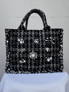 ハンドメイド【ランチトート】 黒×白ツイード
