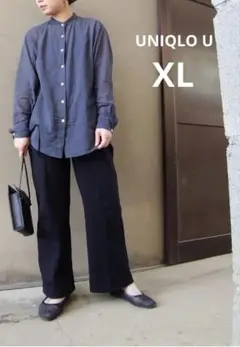 【美品】UNIQLO U 長袖 シアー シャツ バンドカラー ネイビー XL