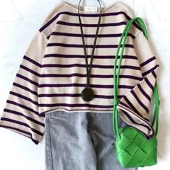 美品 デミリー コットン バスクシャツ風 ボーダーニット ベージュ紫ロンハーマン