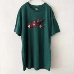 オールドネイビー 半袖Tシャツ トラック 犬 クルーネック M 深緑 クリスマス