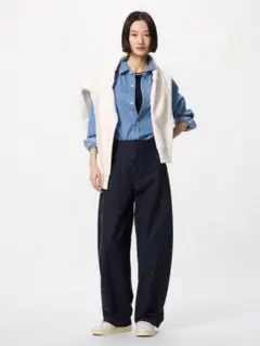 UNIQLO ジャージーバレルレッグパンツ丈長め ネイビーS