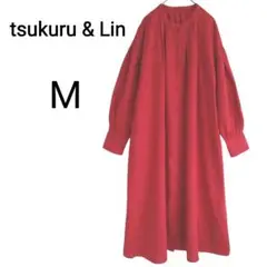 ツクル&リン バイリンネル「M」バンドカラー リネン長袖シャツワンピース レッド
