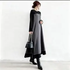 ロングワンピース　バイカラー　Aライン　カジュアル　体型カバー　楽ちん　綺麗目