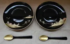 漆器 ソーサー&スプーン 2客セット 金彩 風景画　菓子皿　受け皿
