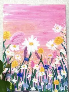 手描き アクリル画 花畑 ピンク キャンバスアート