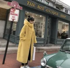 フード付きロングファーコートイエロー