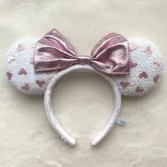 ディズニーカチューシャ　スパンコール　ハート　白ピンク　リボン　ミニー