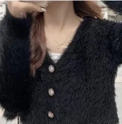 GRL ショート丈パールボタンシャギーニットカーディガン[kz114a]ブラック