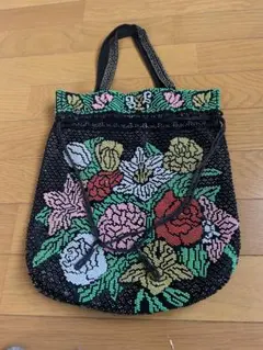 昭和レトロ　ビンテージビーズバッグ 花柄　高級手作り