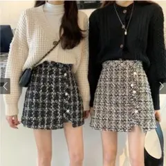 インパン裏地付きアシンメトリーツイードチェックミニスカート