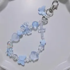 水色 ビーズストラップキーホルダー Y2K 透明感