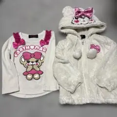 EARTHMAGIC フワフワクマフードパーカー　フリルリボンロンT2点セット