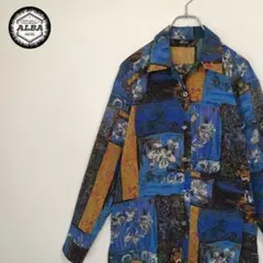 デザインシャツ　花柄　アートデザイン　レトロ　ヴィンテージ　青　ブルー　長袖