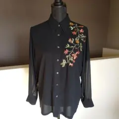【M】ヴィンテージ 黒ブラウス 刺繍 シアー シャツ 古着 レトロ