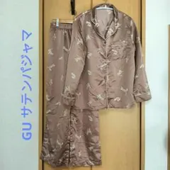 GU サテンパジャマ 長袖 上下セット M ピンクブラウン 猫