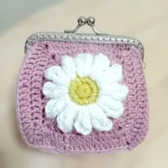 お花のがま口　手編み　ピンク