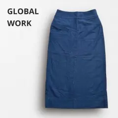 Y7412【グローバルワーク】麻混Iラインロングスカート バックスリット 紺 M