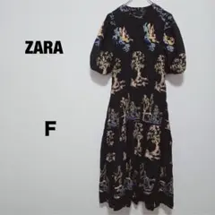 ZARA ブラック 刺繍入りワンピース ロング丈 半袖 華やか バルーンスリーブ