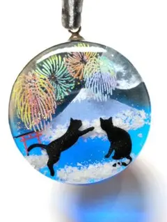 レジンネックレス　黒猫と花火と富士☆